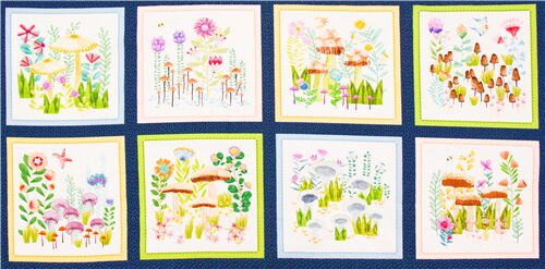 Tissu à panneaux sarcelle fleurs multicolores et champignons Tissu
