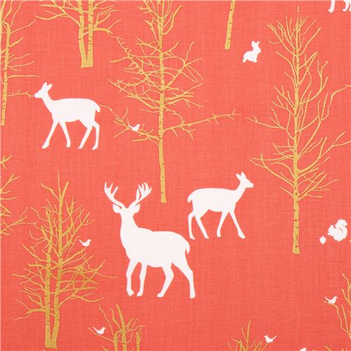 Timber Valley Coral deer forest fabric par Michael Miller 1