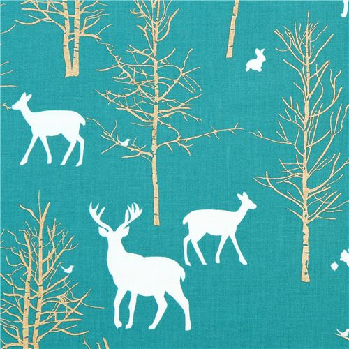 Timber Valley Teal deer forest fabric par Michael Miller 2