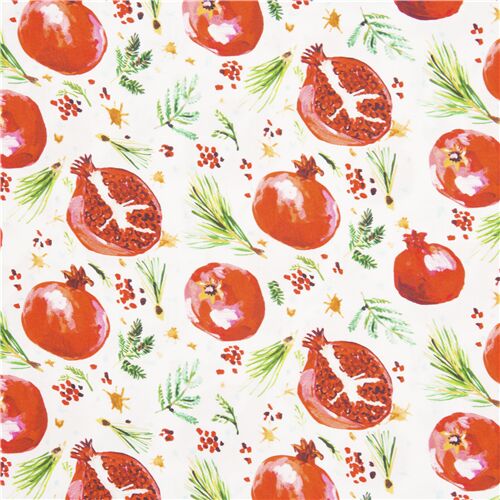 Tissu de Nol grenades rouges, feuilles et pines de sapins Tissu