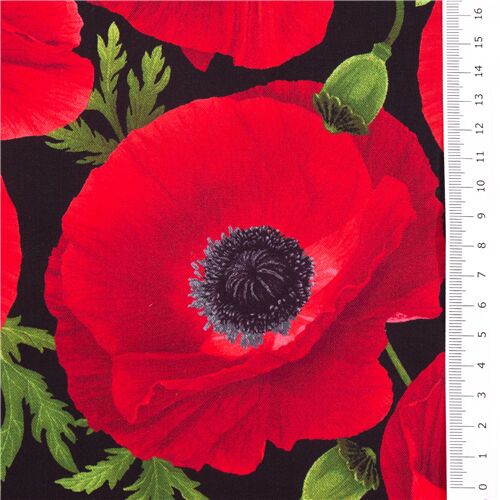 Remnant (36 x 112 cm) - Timeless Treasures black cotton fabric with red poppy flowers 3