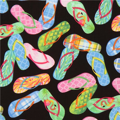Timeless Treasures black fabric with colorful tossed flip flops - modeS4u