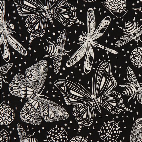 Timeless Treasures black glow in the dark insect fabric with butterflies Fabric