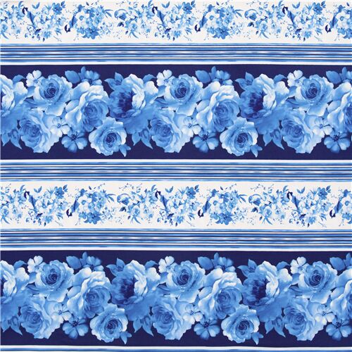 Timeless Treasures blue roses flowers striped cotton fabric - modeS4u
