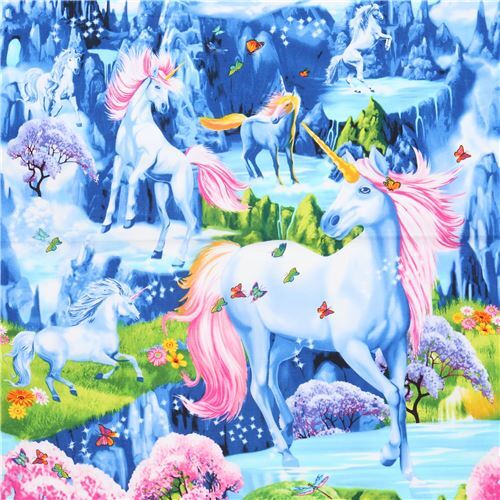 Remnant (20 x 112 cm) - colorful unicorn panel fabric Timeless Treasures with rainbows 1