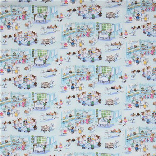 Remnant (39 x 112 cm) - Timeless Treasures mouse cafe fabric in light blue 5