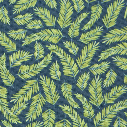 Tissu en coton bleu marine feuilles vertes, thème nature Tissu