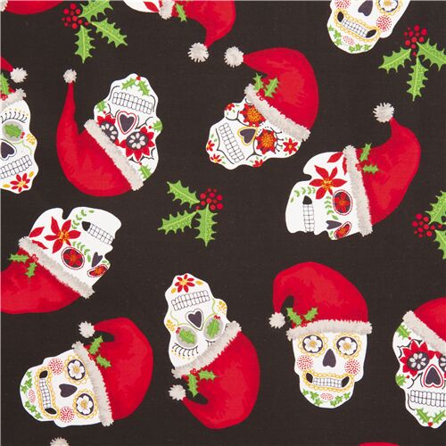 Timeless Treasures red and white sugar skull fabric with holly sprigs Fabric