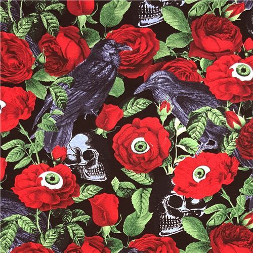 Timeless Treasures red rose and skull knit fabric in black with crows