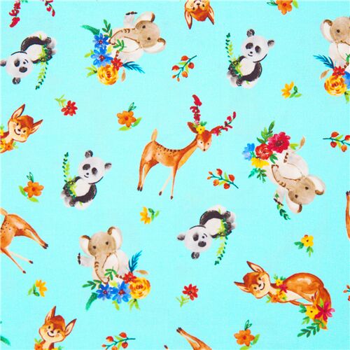 Cute and Fun Tossed Animals Flowers Deer Panda Fabric