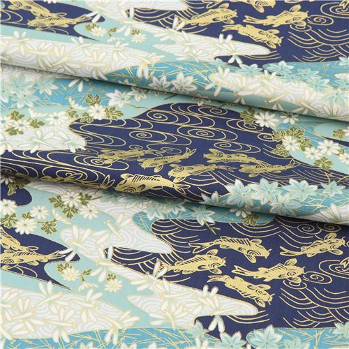 Remnant (23 x 112 cm) - Trans-Pacific Textiles koi and flower fabric in metallic gold and blue 4