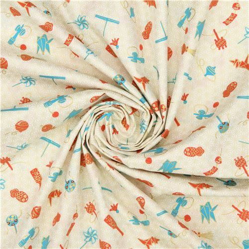Trans-Pacific Textiles metallic gold fabric in cream with Japanese toys ...