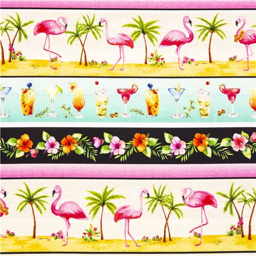 Tissu en coton rayures arc-en-ciel flamants thme les tropicales Tissu