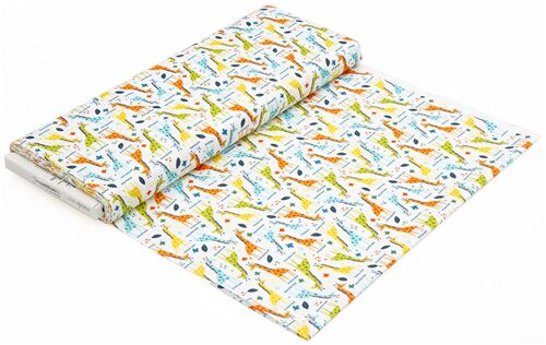 Tumbling colorful giraffes white cotton fabric Michael Miller - modeS4u