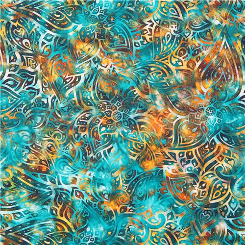 Turquoise blue orange fabric Quilting Treasures medallion USA Fabric