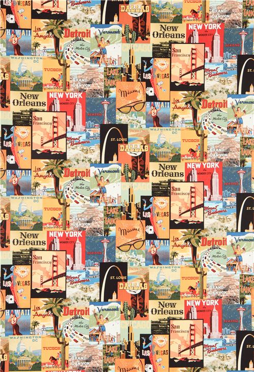 US St�dte Retro Stoff von Timeless Treasures New York Miami 2