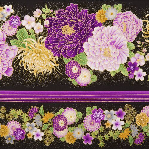 Tela floral EE. UU. negra Timeless Treasures rayas de flores violeta con  dorados - modesS4u