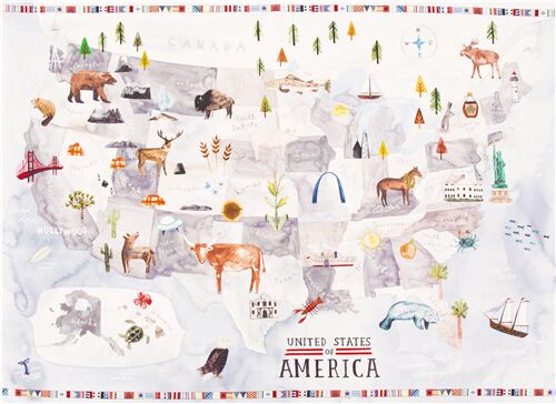 East to West Illustrated Map Fabric