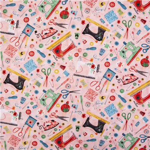 USA pink cotton fabric by Michael Miller tossed sewing items Fabric by  Michael Miller - modeS4u