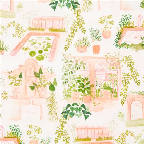 Watercolour Peach Gardden View Potted Plants Fabric