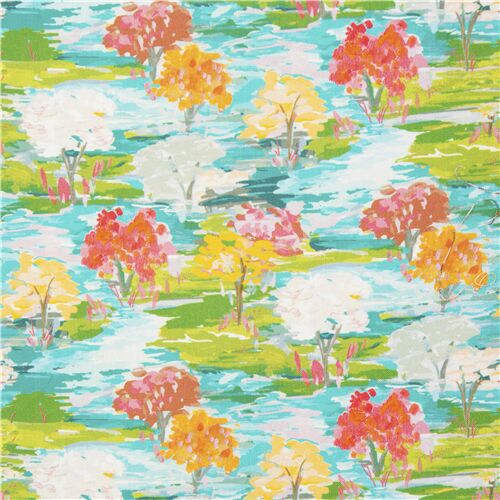 Tissu en coton scène de campagne, arbres, style aquarelle Tissu
