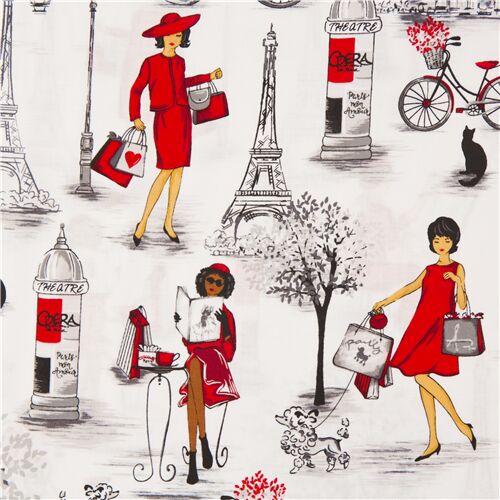 White Paris themed fabric Timeless Treasures ladies in red Fabric
