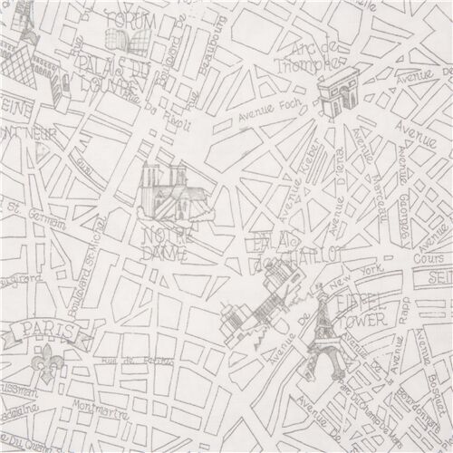 White Paris themed fabric Timeless Treasures with charcoal grey handdrawn map Fabric