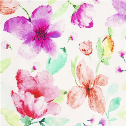 Tissu en coton blanc Timeless Treasures fleurs roses violettes orange  vertes - modeS4u