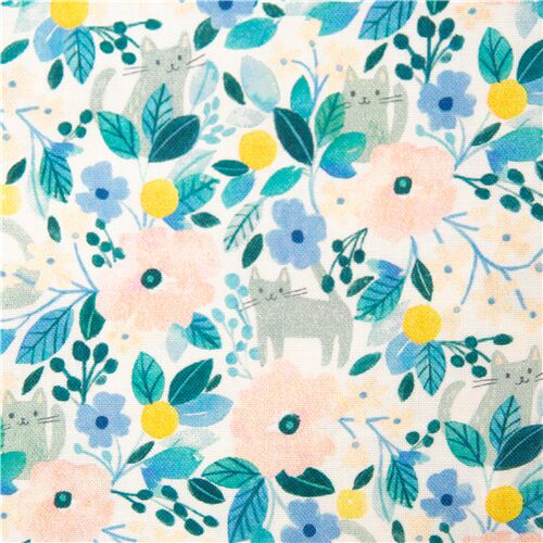 White digital print fabric Dear Stella blue pink flower cats - modeS4u