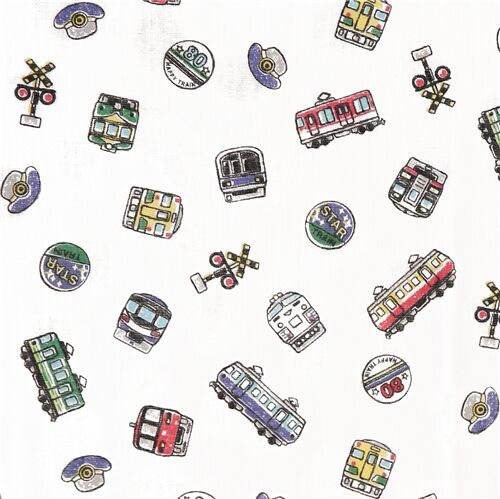 Tissu blanc double gaze en coton avec des trains rouges bleus verts Tissu