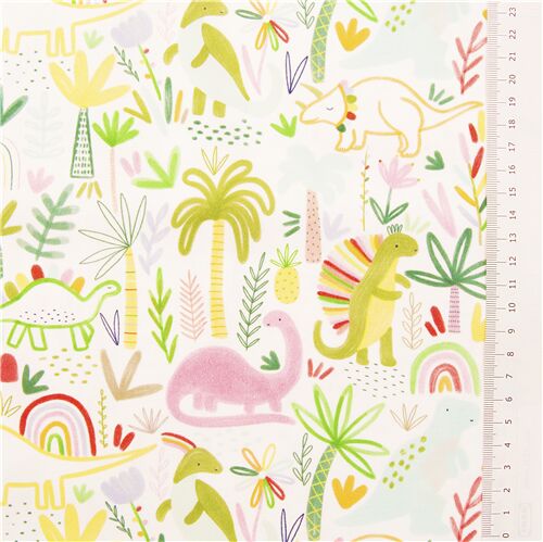 White fabric with colourful dinosaur art Dear Stella with rainbows and ...