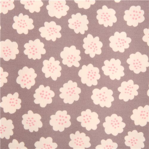 Tissu de popeline japonais taupe avec des fleurs blanches des mini pois orange Tissu