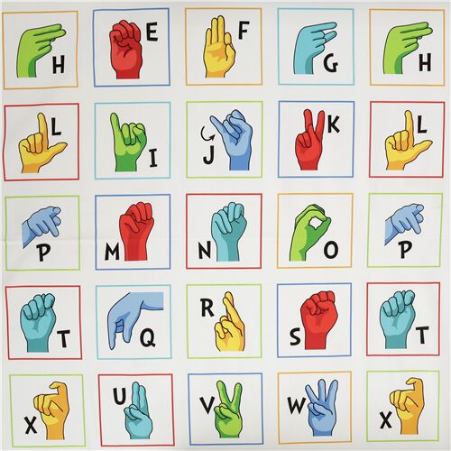 White sign language fabric Robert Kaufman hand gesture abc - modeS4u