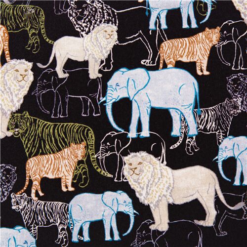 Wild safari animals lions Michael Miller black cotton fabric - modeS4u