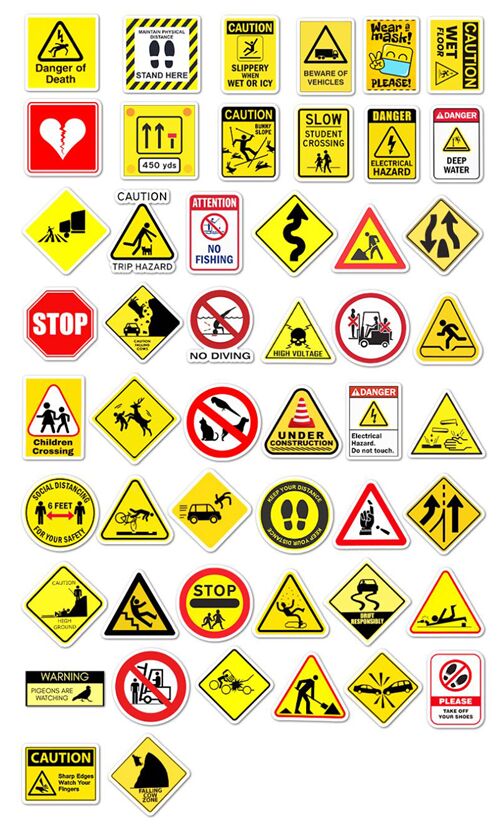 Yellow signs diecut sticker pack 50 unique designs danger Stop caution ...