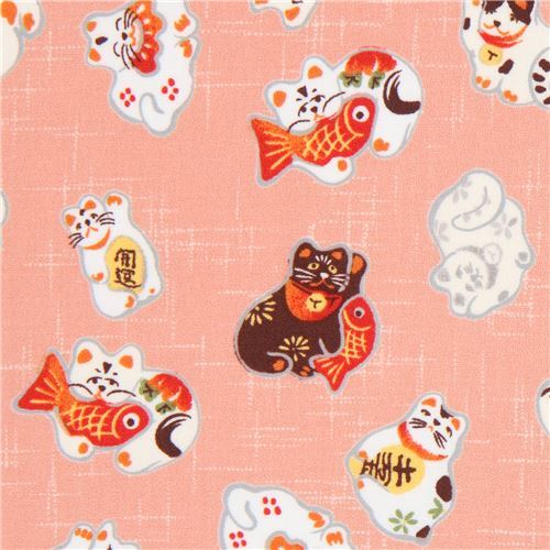 amunzen fabric in peach with lucky cats Fabric