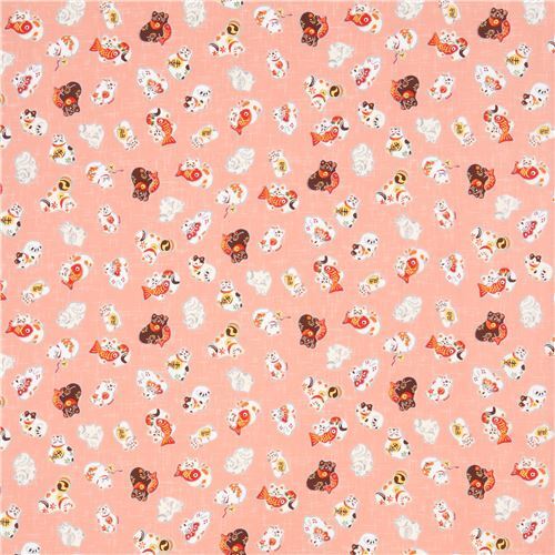 Fat Quarter (50 x 56 cm) - amunzen fabric in peach with lucky cats 2