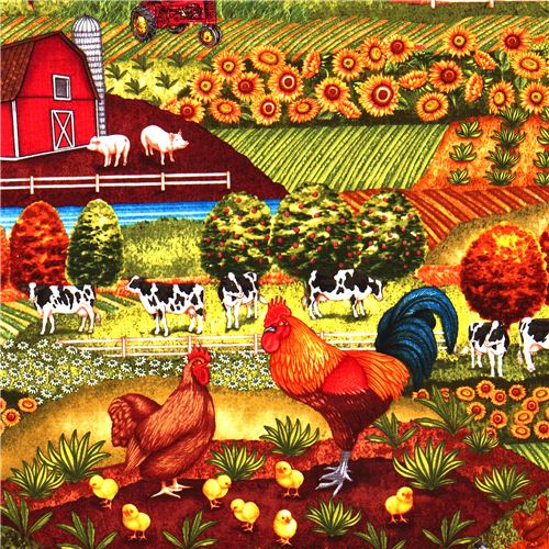 animal fabric with farm chicken cow Robert Kaufman Fabric by Robert ...