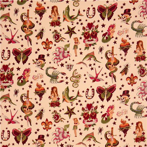 apricot Alexander Henry fabric with tattoo paintings 2