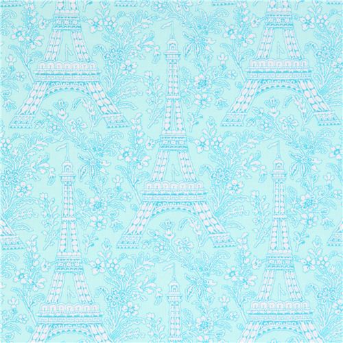 aqua Paris Eiffel Tower flower fabric Michael Miller Petite Paris 1