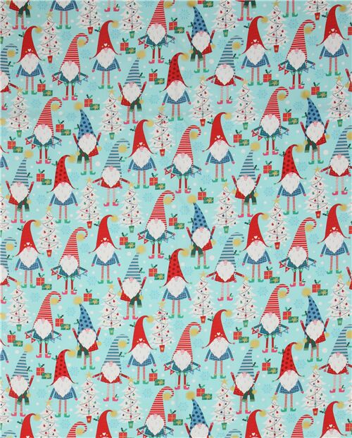 aqua and metallic gold Christmas gnome fabric by Michael Miller - modeS4u