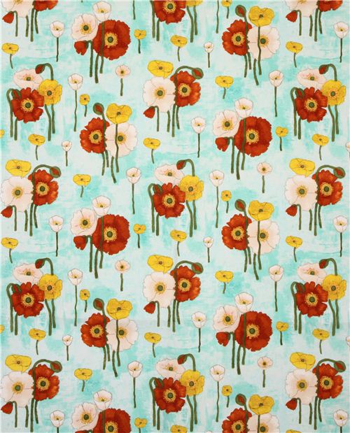 aqua blue flower fabric 'Gathered Poppies' Aqua Michael Miller USA ...