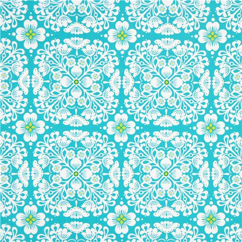 aqua Blumen Stoff mit Blumenornamenten Michael Miller 2