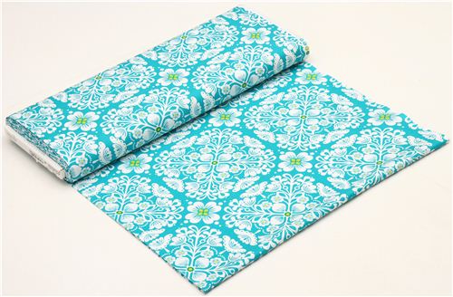 aqua Blumen Stoff mit Blumenornamenten Michael Miller 3