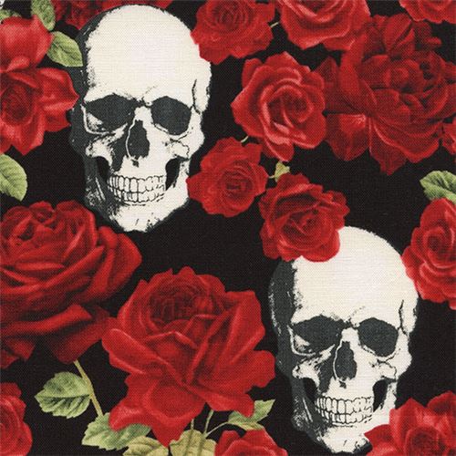 black fabric with skull red rose flower by Timeless Treasures Fabric by ...