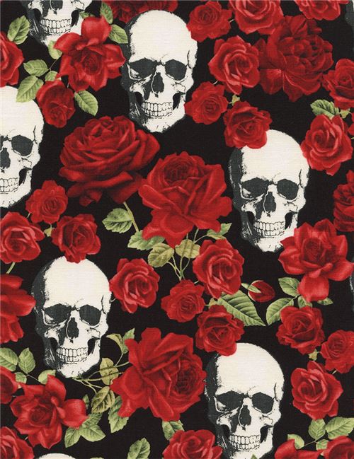balck fabric with skull red rose flower by Timeless Treasures 2
