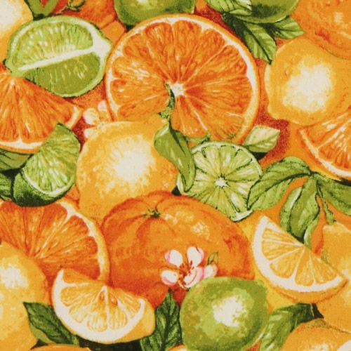 Bel tessuto con arance, limoni, lime di Robert Kaufman Tessuto