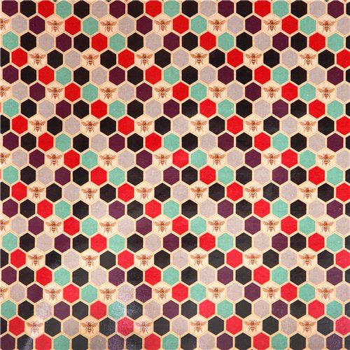 bee echino Canvas fabric black red bee honeycomb 2