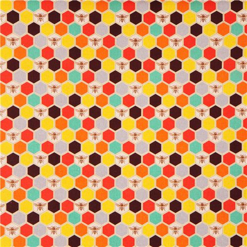 bee echino Canvas fabric brown orange bee honeycomb 2