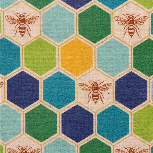 bee echino Canvas laminate fabric blue green honeycomb 1